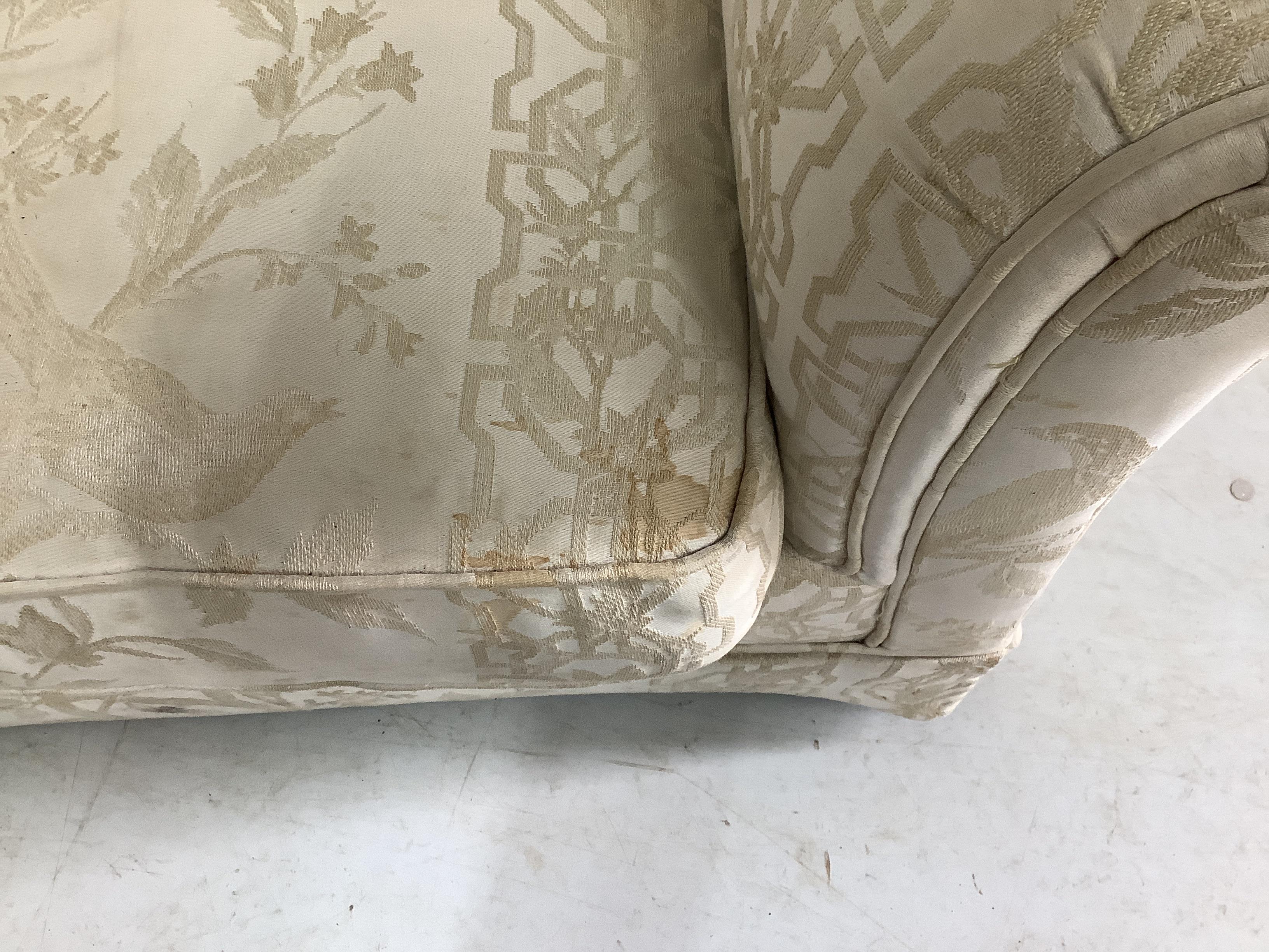 A pair of George III style three seater sofas, width 220cm, depth 86cm, height 67cm